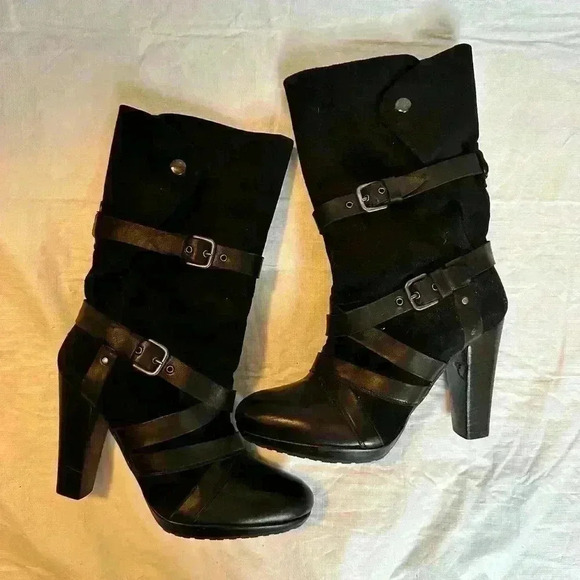 Stuart Weitzman Wraparound Black Leather Suede Strap Boots - Picture 1 of 12